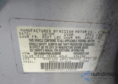 2010 Nissan Sentra 2.0S z USA, uszkodzony, nr VIN 3N1AB6AP8AL628036